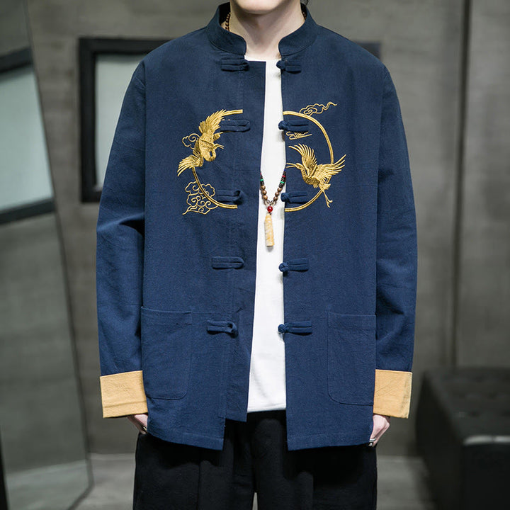 Camisa de lino y algodón de manga larga para hombre con grullas bordadas con Buddha Stones y nubes auspiciosas, botones de rana - Azul acero - US/UK/AU46, EU56 (5XL) - image 21
