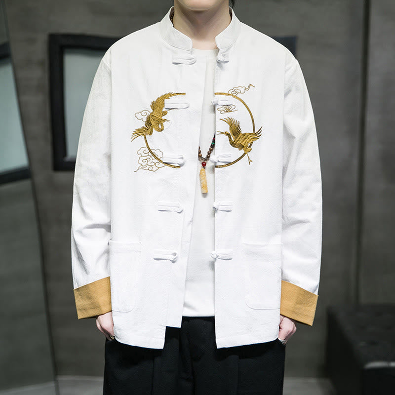 Camisa de lino y algodón de manga larga para hombre con grullas bordadas con Buddha Stones y nubes auspiciosas, botones de rana - image 1