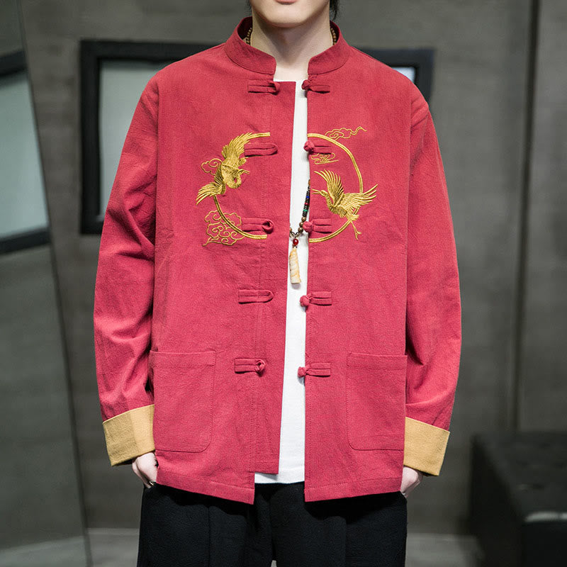 Camisa de lino y algodón de manga larga para hombre con grullas bordadas con Buddha Stones y nubes auspiciosas, botones de rana - Tomate - US/UK/AU46, EU56 (5XL) - image 29