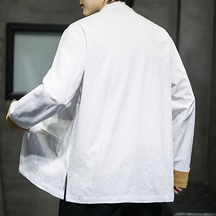Camisa de lino y algodón de manga larga para hombre con grullas bordadas con Buddha Stones y nubes auspiciosas, botones de rana - image 4