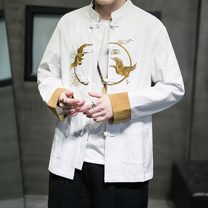 Camisa de lino y algodón de manga larga para hombre con grullas bordadas con Buddha Stones y nubes auspiciosas, botones de rana - image 9