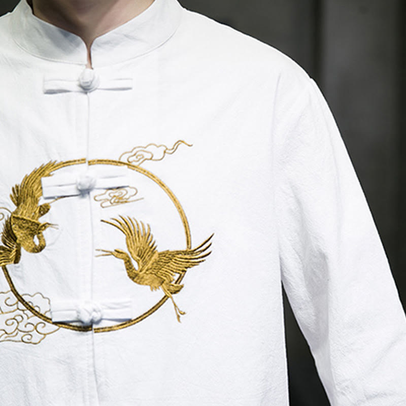 Camisa de lino y algodón de manga larga para hombre con grullas bordadas con Buddha Stones y nubes auspiciosas, botones de rana - image 11