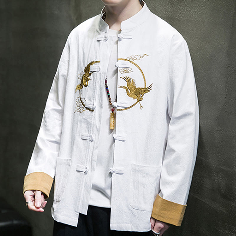 Camisa de lino y algodón de manga larga para hombre con grullas bordadas con Buddha Stones y nubes auspiciosas, botones de rana - image 8
