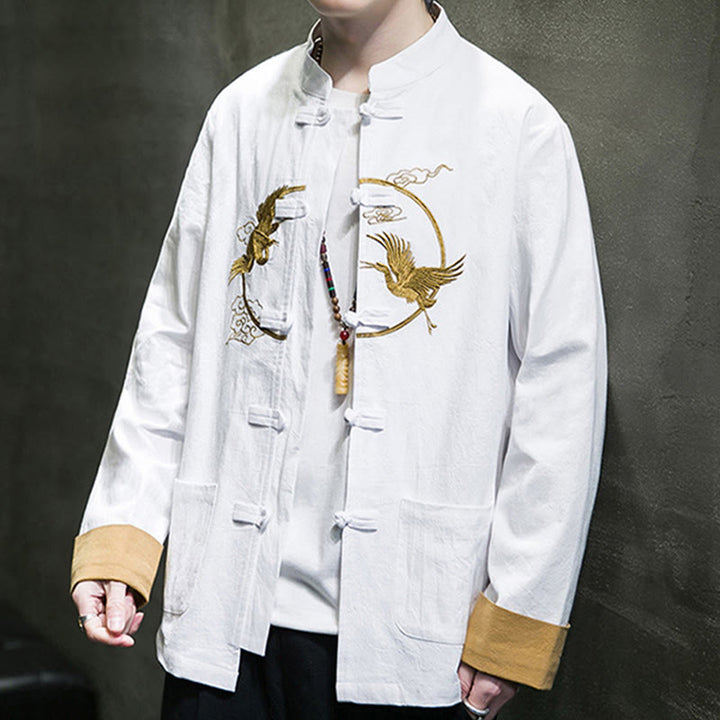 Camisa de lino y algodón de manga larga para hombre con grullas bordadas con Buddha Stones y nubes auspiciosas, botones de rana - image 8