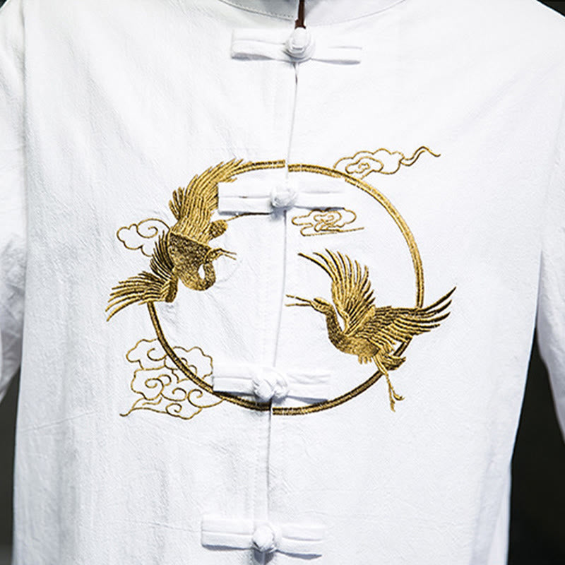 Camisa de lino y algodón de manga larga para hombre con grullas bordadas con Buddha Stones y nubes auspiciosas, botones de rana - image 12
