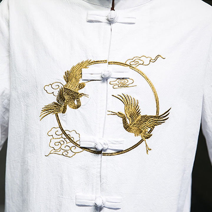 Camisa de lino y algodón de manga larga para hombre con grullas bordadas con Buddha Stones y nubes auspiciosas, botones de rana - image 12