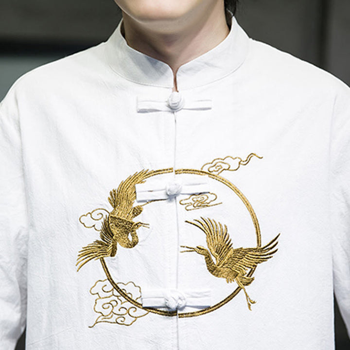 Camisa de lino y algodón de manga larga para hombre con grullas bordadas con Buddha Stones y nubes auspiciosas, botones de rana - image 10