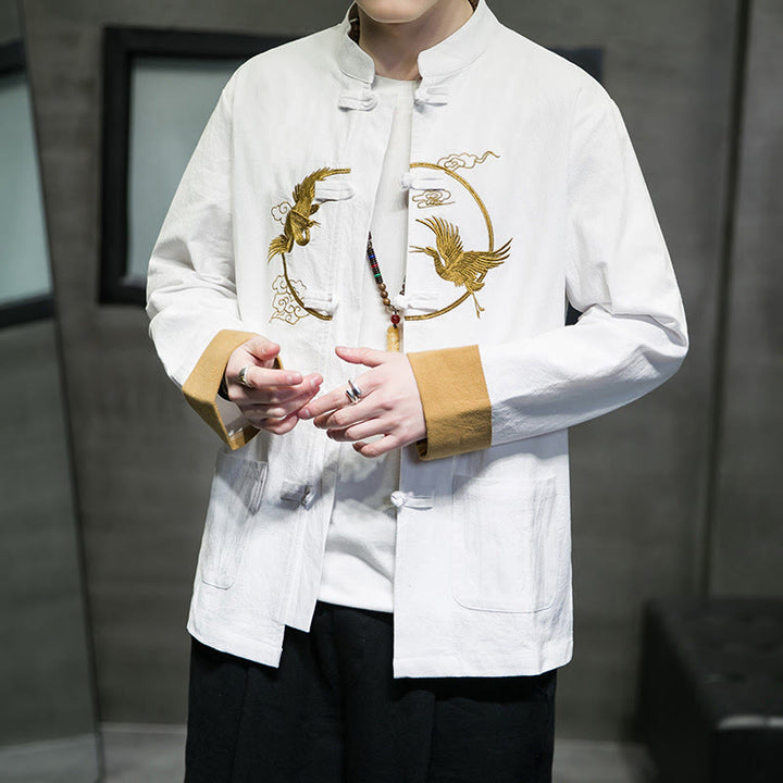 Camisa de lino y algodón de manga larga para hombre con grullas bordadas con Buddha Stones y nubes auspiciosas, botones de rana - image 6