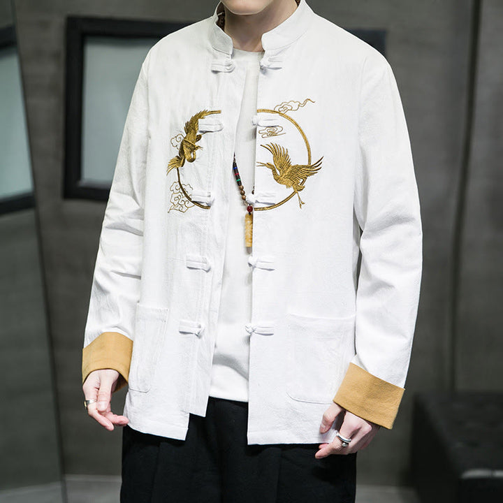 Camisa de lino y algodón de manga larga para hombre con grullas bordadas con Buddha Stones y nubes auspiciosas, botones de rana - image 3