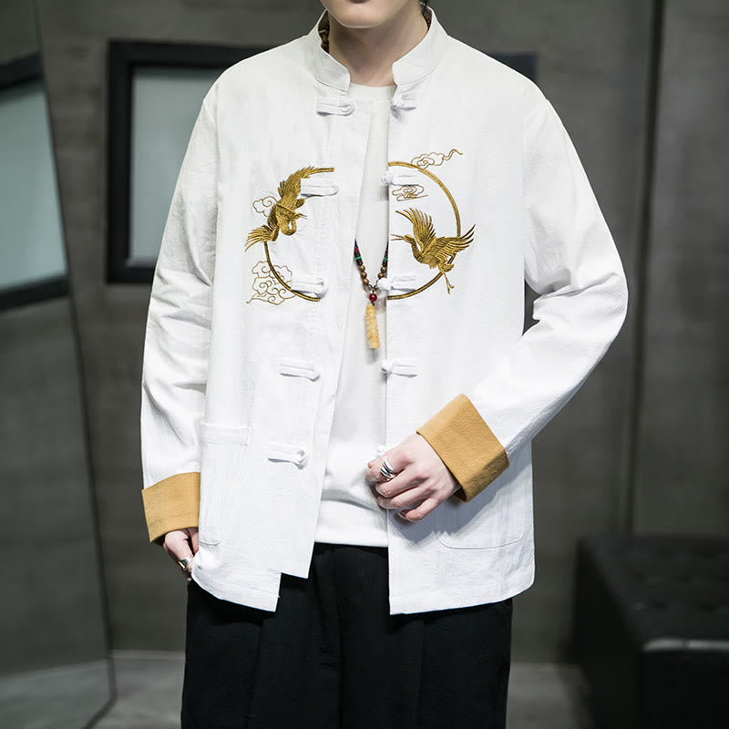 Camisa de lino y algodón de manga larga para hombre con grullas bordadas con Buddha Stones y nubes auspiciosas, botones de rana - image 7