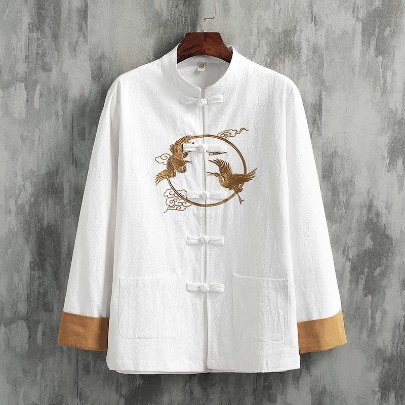 Camisa de lino y algodón de manga larga para hombre con grullas bordadas con Buddha Stones y nubes auspiciosas, botones de rana - Blanco - US/UK/AU46, EU56 (5XL) - image 0