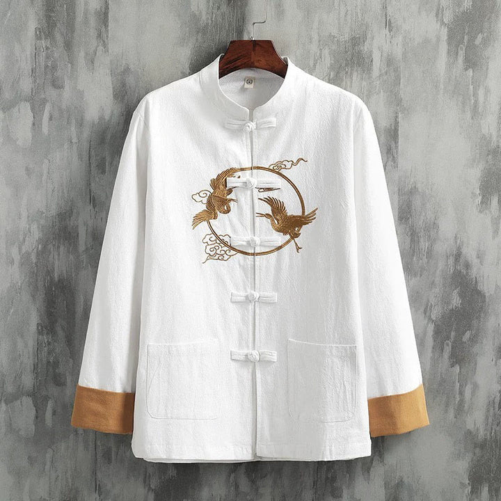 Camisa de lino y algodón de manga larga para hombre con grullas bordadas con Buddha Stones y nubes auspiciosas, botones de rana - Blanco - US/UK/AU46, EU56 (5XL) - image 0