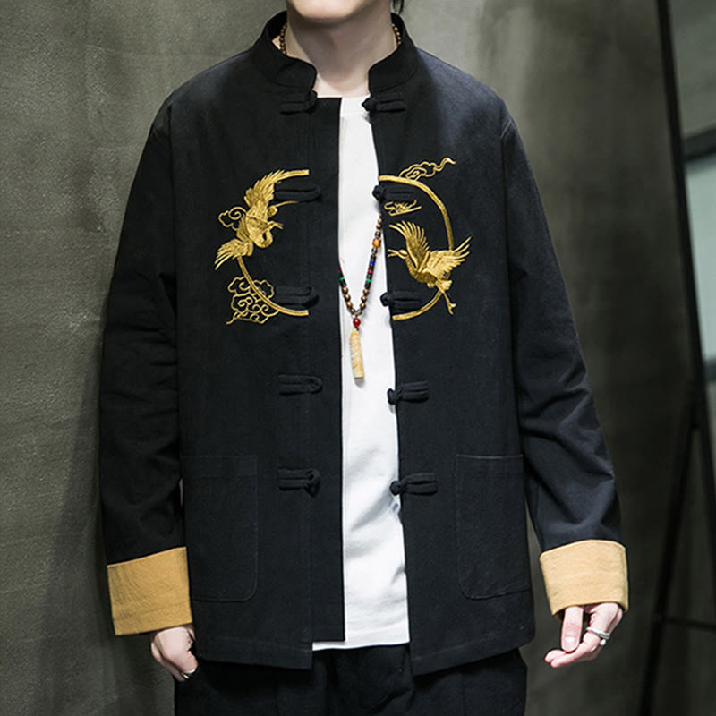 Camisa de lino y algodón de manga larga para hombre con grullas bordadas con Buddha Stones y nubes auspiciosas, botones de rana - image 16