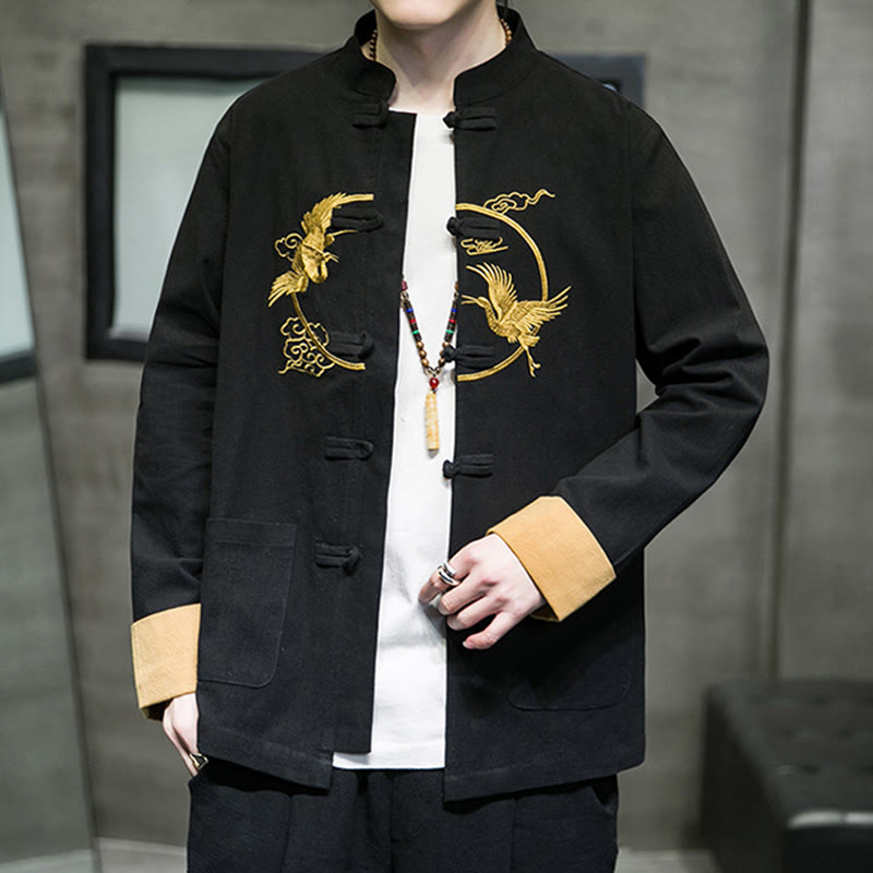 Camisa de lino y algodón de manga larga para hombre con grullas bordadas con Buddha Stones y nubes auspiciosas, botones de rana - image 17