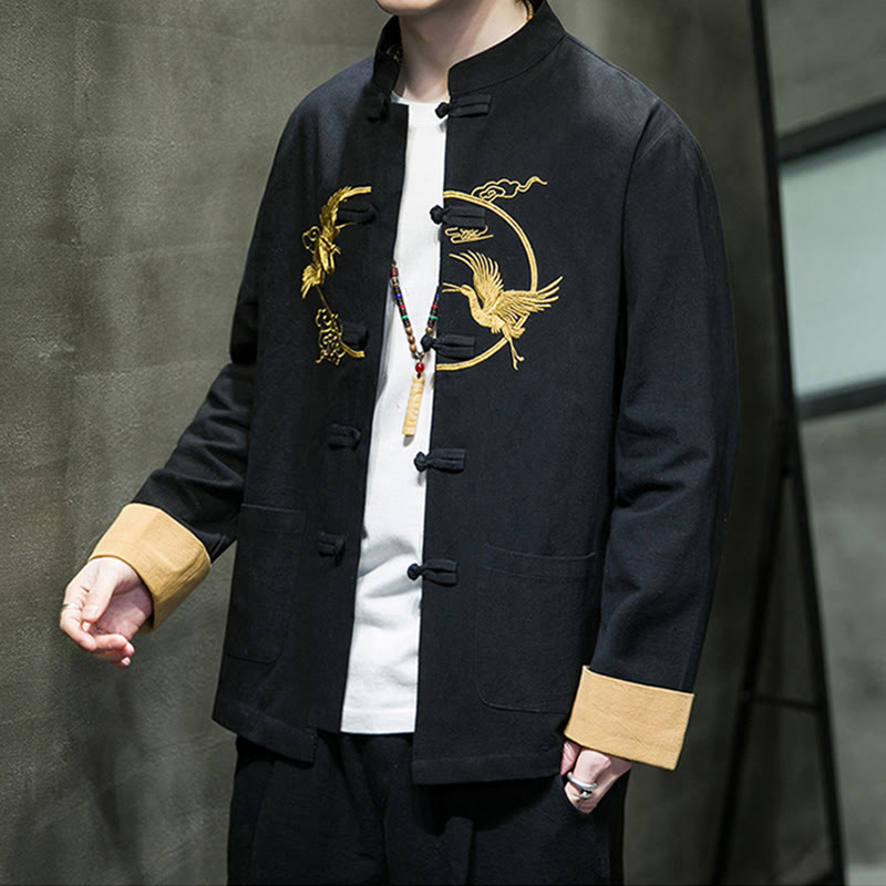 Camisa de lino y algodón de manga larga para hombre con grullas bordadas con Buddha Stones y nubes auspiciosas, botones de rana - image 15