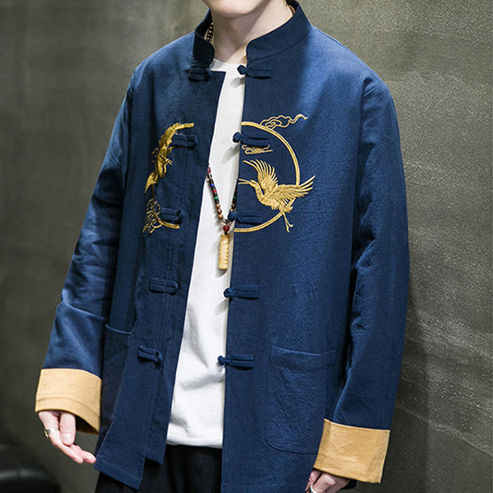 Camisa de lino y algodón de manga larga para hombre con grullas bordadas con Buddha Stones y nubes auspiciosas, botones de rana - image 23