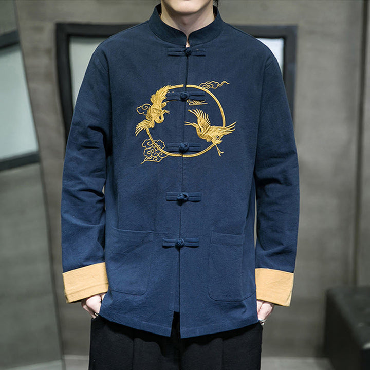 Camisa de lino y algodón de manga larga para hombre con grullas bordadas con Buddha Stones y nubes auspiciosas, botones de rana - image 25