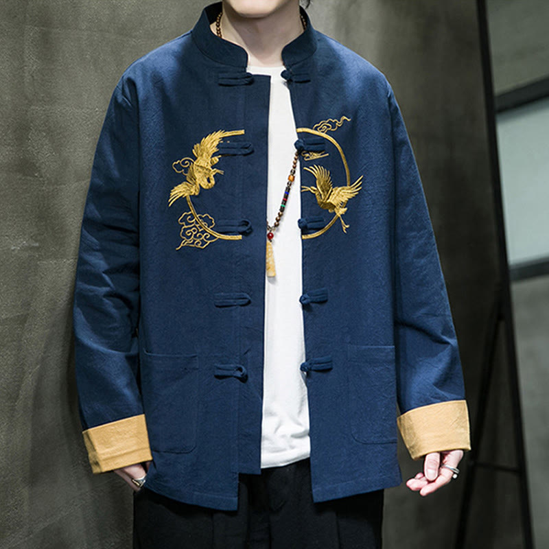 Camisa de lino y algodón de manga larga para hombre con grullas bordadas con Buddha Stones y nubes auspiciosas, botones de rana - image 28