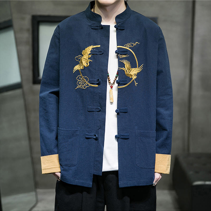 Camisa de lino y algodón de manga larga para hombre con grullas bordadas con Buddha Stones y nubes auspiciosas, botones de rana - image 26