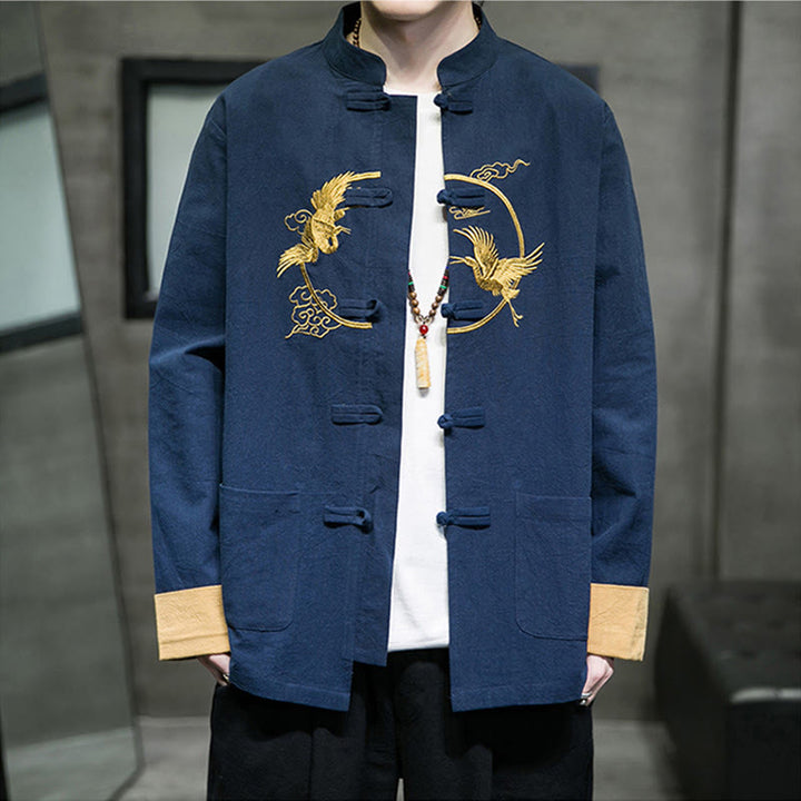 Camisa de lino y algodón de manga larga para hombre con grullas bordadas con Buddha Stones y nubes auspiciosas, botones de rana - image 26