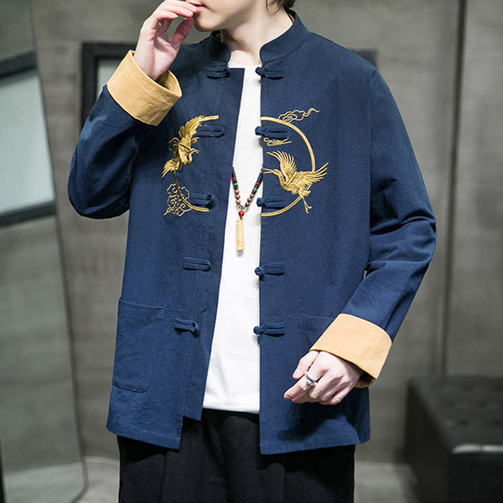 Camisa de lino y algodón de manga larga para hombre con grullas bordadas con Buddha Stones y nubes auspiciosas, botones de rana - image 22