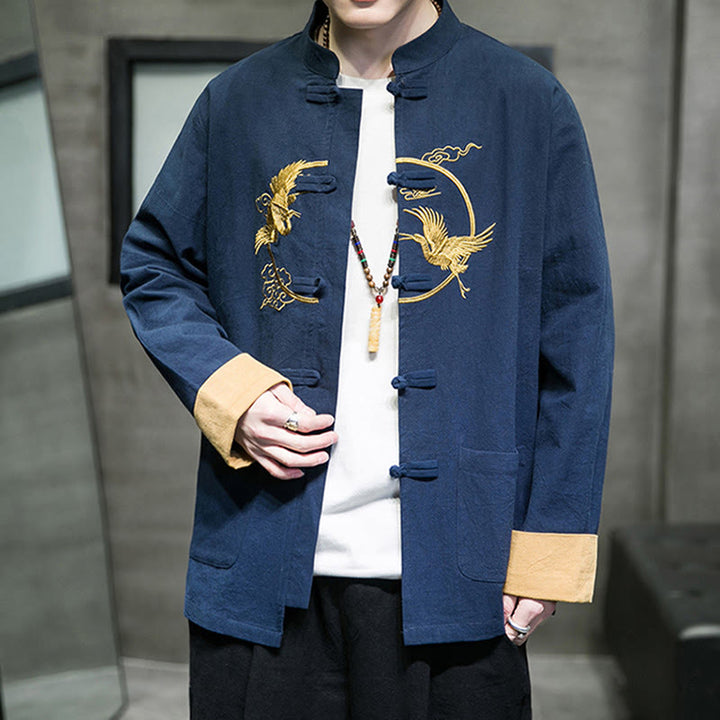 Camisa de lino y algodón de manga larga para hombre con grullas bordadas con Buddha Stones y nubes auspiciosas, botones de rana - image 27
