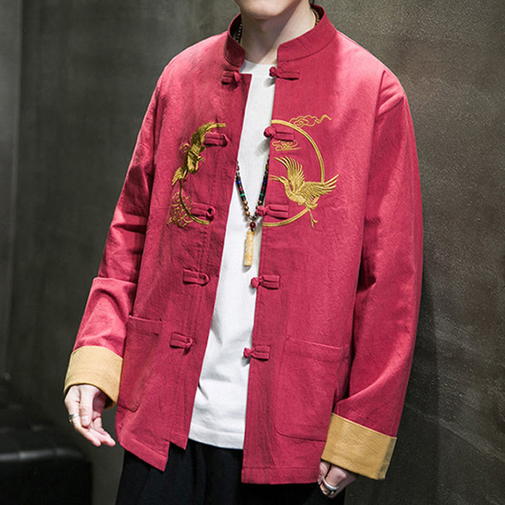 Camisa de lino y algodón de manga larga para hombre con grullas bordadas con Buddha Stones y nubes auspiciosas, botones de rana - image 34