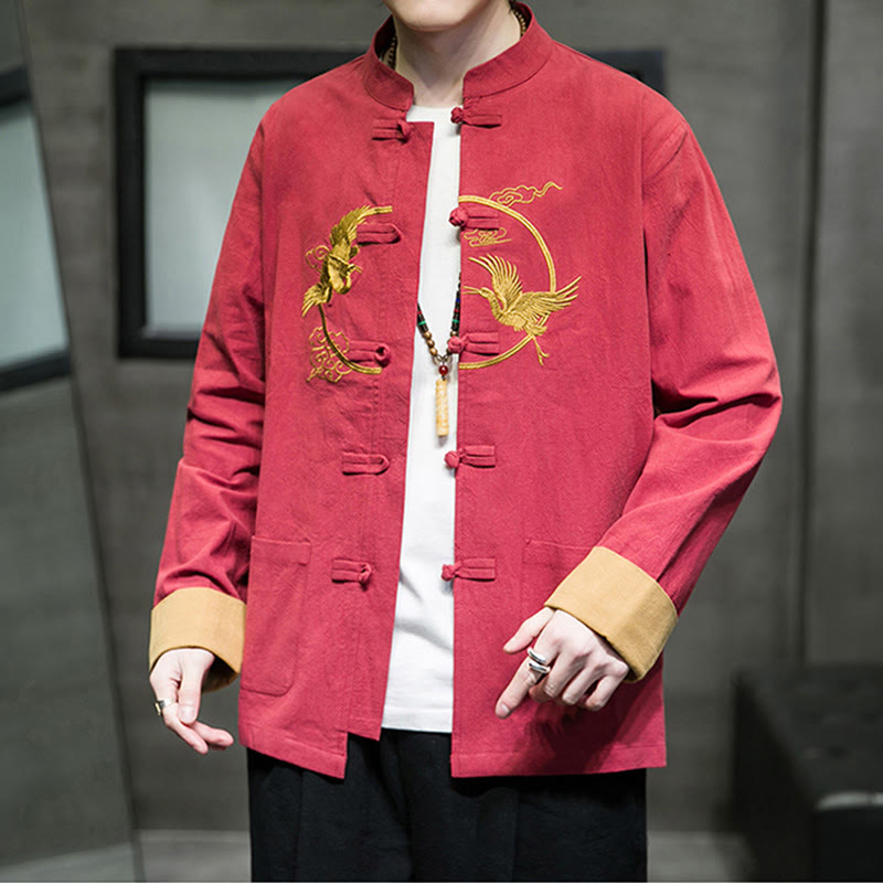 Camisa de lino y algodón de manga larga para hombre con grullas bordadas con Buddha Stones y nubes auspiciosas, botones de rana - image 36