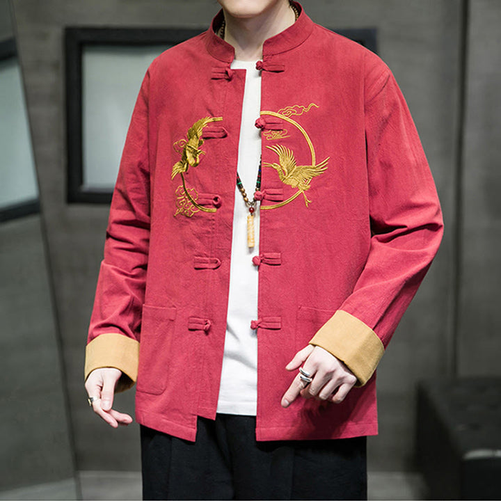 Camisa de lino y algodón de manga larga para hombre con grullas bordadas con Buddha Stones y nubes auspiciosas, botones de rana - image 36