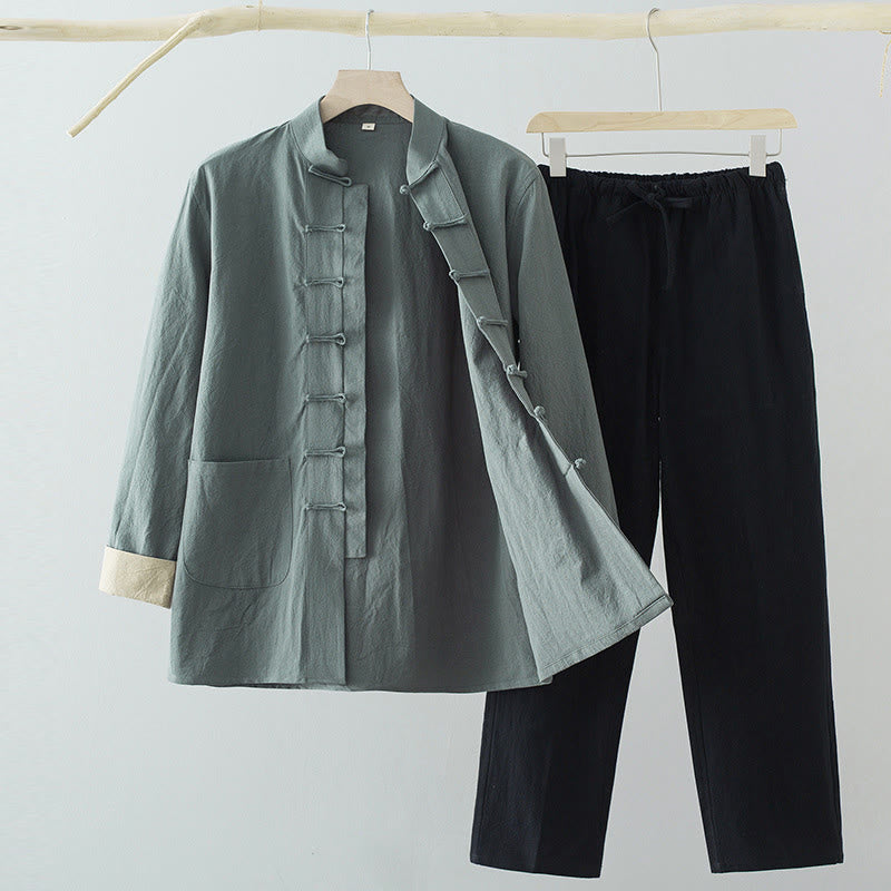 Conjunto de 2 Buddha Stones de traje Tang con botones de rana de algodón para hombre, camisa de manga larga y pantalones con bolsillos. - Camisa azul cadete + pantalón negro - US/UK/AU44, EU54 (4XL) - image 0