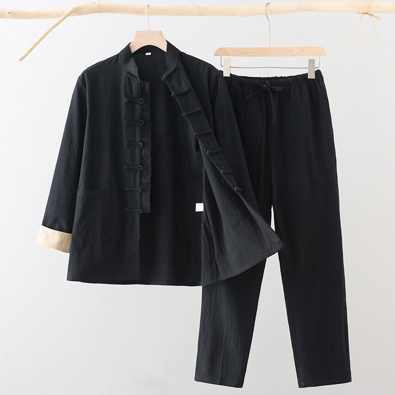 Conjunto de 2 Buddha Stones de traje Tang con botones de rana de algodón para hombre, camisa de manga larga y pantalones con bolsillos. - Negro - US/UK/AU44, EU54 (4XL) - image 1