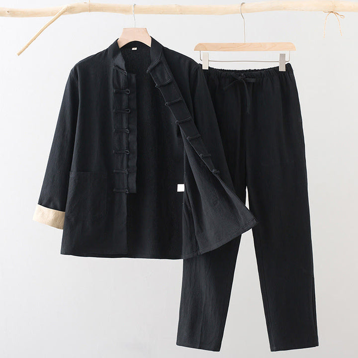 Conjunto de 2 Buddha Stones de traje Tang con botones de rana de algodón para hombre, camisa de manga larga y pantalones con bolsillos. - Negro - US/UK/AU44, EU54 (4XL) - image 1