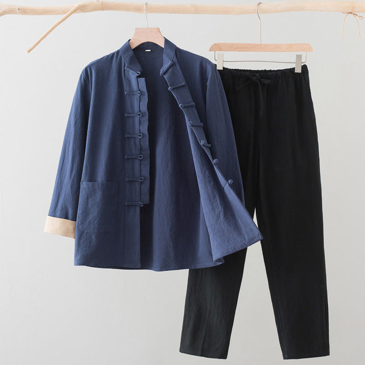 Conjunto de 2 Buddha Stones de traje Tang con botones de rana de algodón para hombre, camisa de manga larga y pantalones con bolsillos. - Camisa azul acero + pantalón negro - US/UK/AU44, EU54 (4XL) - image 4