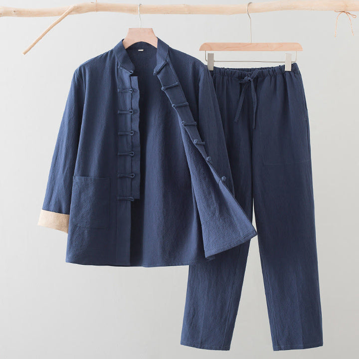 Conjunto de 2 Buddha Stones de traje Tang con botones de rana de algodón para hombre, camisa de manga larga y pantalones con bolsillos. - Azul acero - US/UK/AU44, EU54 (4XL) - image 13