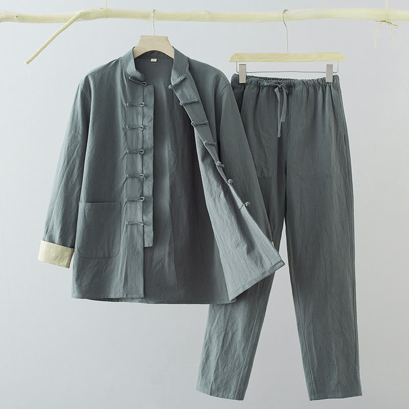Conjunto de 2 Buddha Stones de traje Tang para hombre, camisa de manga larga de algodón y lino con botones de rana y pantalones con bolsillos. - Azul cadete - US/UK/AU44, EU54 (4XL) - image 14