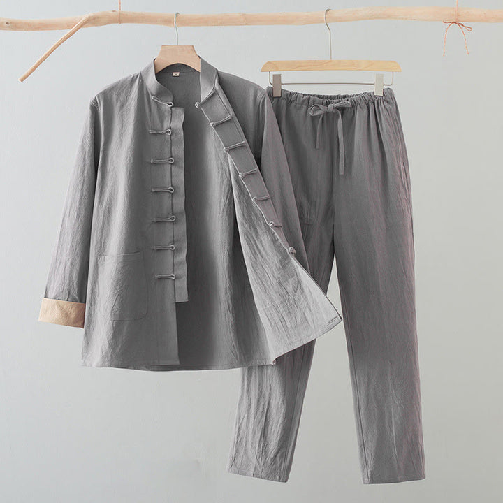 Conjunto de 2 Buddha Stones de traje Tang con botones de rana de algodón para hombre, camisa de manga larga y pantalones con bolsillos. - Gris claro - US/UK/AU44, EU54 (4XL) - image 15