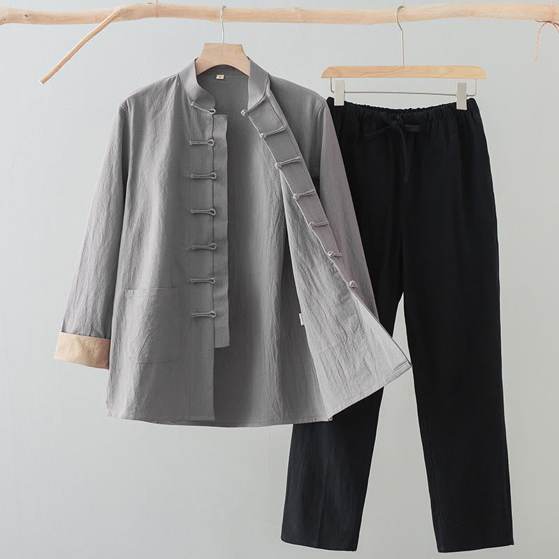 Conjunto de 2 Buddha Stones de traje Tang para hombre, camisa de manga larga de algodón y lino con botones de rana y pantalones con bolsillos. - Camisa gris claro + pantalones negros - US/UK/AU44, EU54 (4XL) - image 16