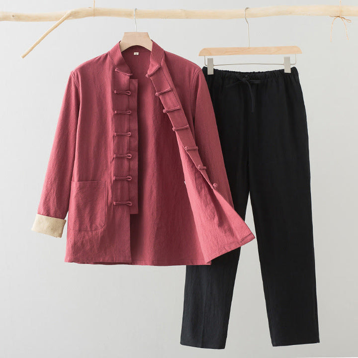 Conjunto de 2 Buddha Stones de traje Tang con botones de rana de algodón para hombre, camisa de manga larga y pantalones con bolsillos. - Camisa salmón + pantalón negro - US/UK/AU44, EU54 (4XL) - image 17