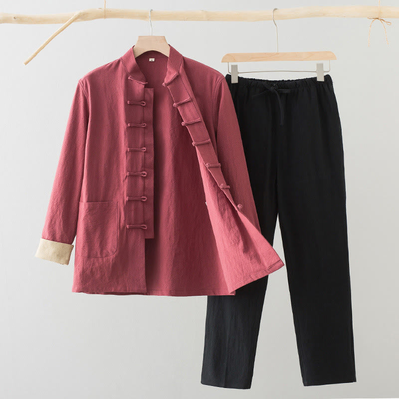 Conjunto de 2 Buddha Stones de traje Tang para hombre, camisa de manga larga de algodón y lino con botones de rana y pantalones con bolsillos. - Camisa salmón + pantalones negros - US/UK/AU44, EU54 (4XL) - image 17