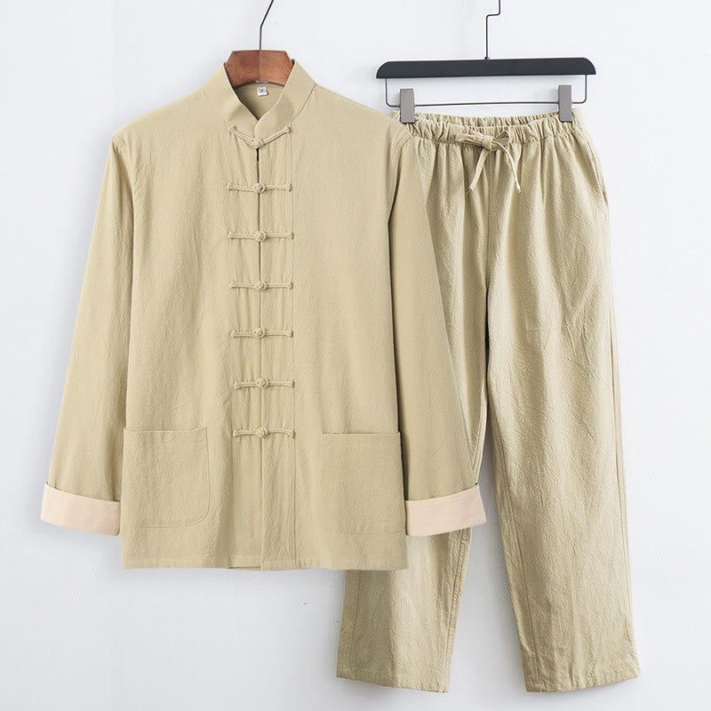 Conjunto de 2 Buddha Stones de traje Tang para hombre, camisa de manga larga de algodón y lino con botones de rana y pantalones con bolsillos. - vara de oro pálida - US/UK/AU44, EU54 (4XL) - image 19