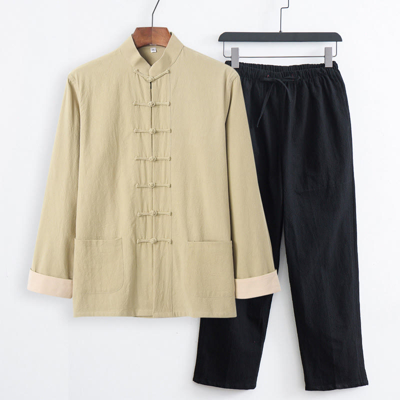 Conjunto de 2 Buddha Stones de traje Tang para hombre, camisa de manga larga de algodón y lino con botones de rana y pantalones con bolsillos. - Camisa color vara de oro pálido + pantalones negros - US/UK/AU44, EU54 (4XL) - image 20