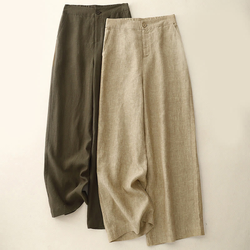 Pantalones casuales lisos de mujer con cintura elástica y pernera ancha, con bolsillos , Buddha Stones. - image 0