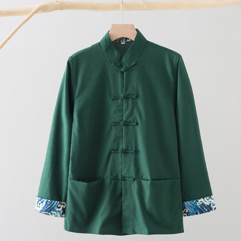 Camisa de lino y algodón para hombre, de manga larga, con botones de rana y bordado de ondas sólidas con Buddha Stones - Verdemar - US/UK/AU44, EU54 (4XL) - image 9