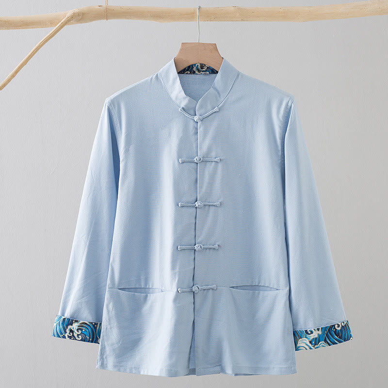 Camisa de lino y algodón para hombre, de manga larga, con botones de rana y bordado de ondas sólidas con Buddha Stones - Azul claro - US/UK/AU44, EU54 (4XL) - image 15