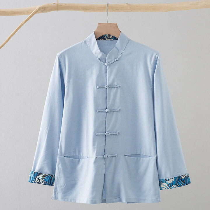 Camisa de lino y algodón para hombre, de manga larga, con botones de rana y bordado de ondas sólidas con Buddha Stones - Azul claro - US/UK/AU44, EU54 (4XL) - image 15