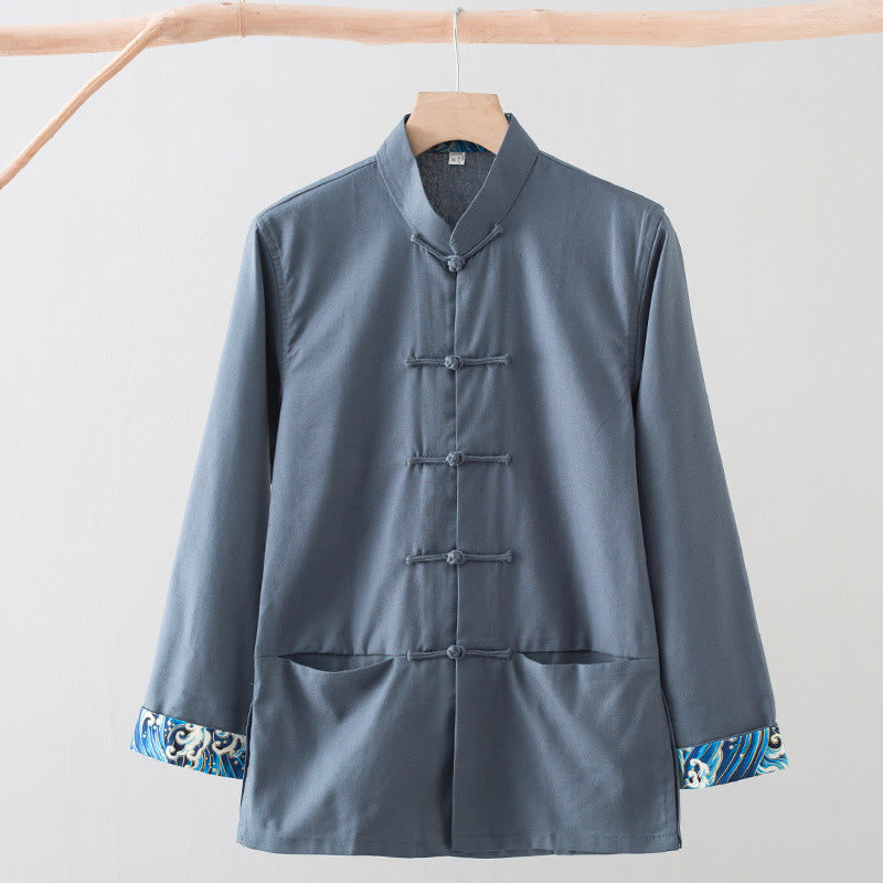 Camisa de lino y algodón para hombre, de manga larga, con botones de rana y bordado de ondas sólidas con Buddha Stones - Gris pizarra - US/UK/AU44, EU54 (4XL) - image 13