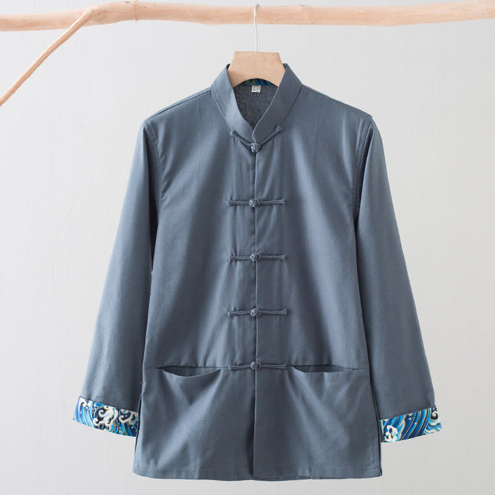 Camisa de lino y algodón para hombre, de manga larga, con botones de rana y bordado de ondas sólidas con Buddha Stones - Gris pizarra - US/UK/AU44, EU54 (4XL) - image 13