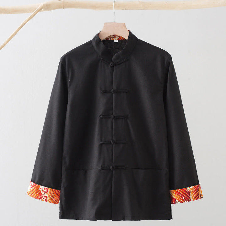 Camisa de lino y algodón para hombre, de manga larga, con botones de rana y bordado de ondas sólidas con Buddha Stones - Negro - US/UK/AU44, EU54 (4XL) - image 10