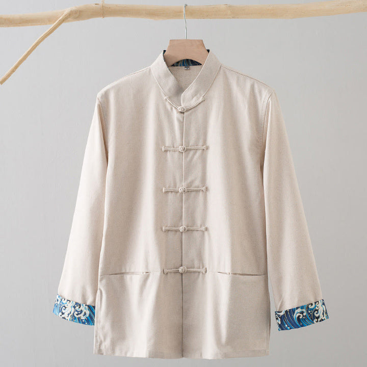 Camisa de lino y algodón para hombre, de manga larga, con botones de rana y bordado de ondas sólidas con Buddha Stones - Beige - US/UK/AU44, EU54 (4XL) - image 14