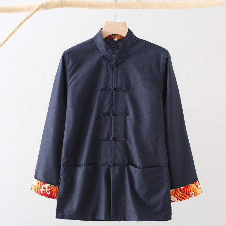 Camisa de lino y algodón para hombre, de manga larga, con botones de rana y bordado de ondas sólidas con Buddha Stones - Azul acero - US/UK/AU44, EU54 (4XL) - image 12